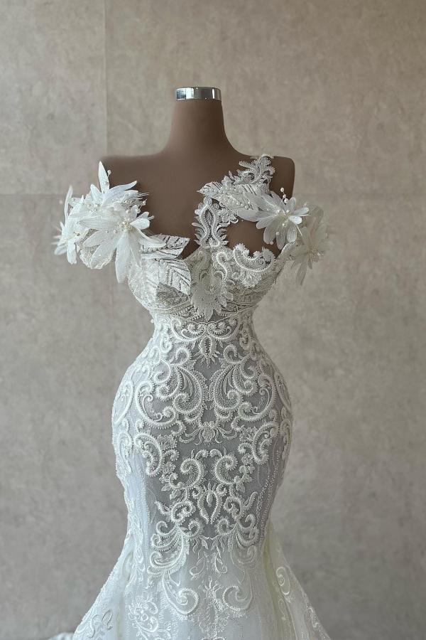 Off the Shoulder White Lace Mermaid Wedding Dresses with Flowers-newarrivaldress