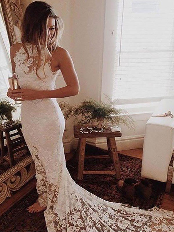 Lace Mermaid Sleeveless Bridal Gowns Sexy | Halter Chapel Train Wedding Dresses-newarrivaldress
