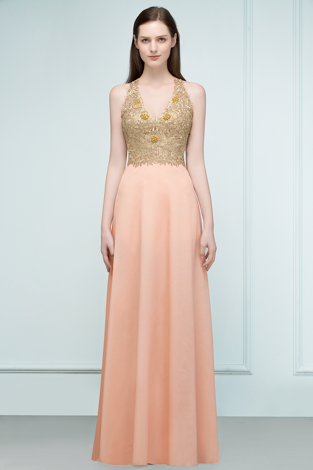 RENA | A-line Floor Length Spaghetti V-neck Appliqued Chiffon Bridesmaid Dresses-newarrivaldress