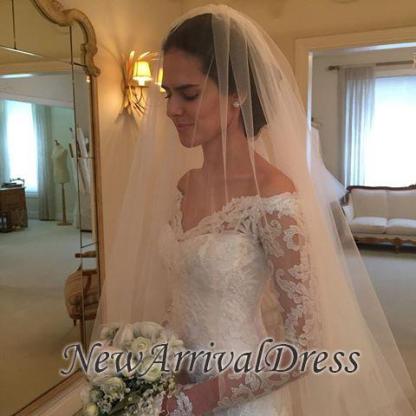 Sexy Off The Shoulder Beautiful Lace Long Sleeve Sheath V-neck Court-Train Wedding Dresses-newarrivaldress
