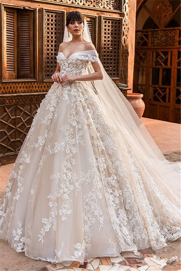 Elegant Off Shoulder Tulle Wedding Dresses 2021 | Puffy 3d-Flowers Bridal Gowns-newarrivaldress