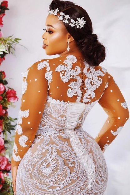 Gorgeous Crew Neck Lace Appliques Mermaid Wedding Dress with Sleeves Crystal Bridal Gown-newarrivaldress