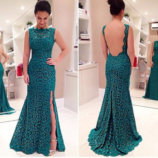 Sleeveless Modest Front-Split Lace Sweep-Train Prom Dress