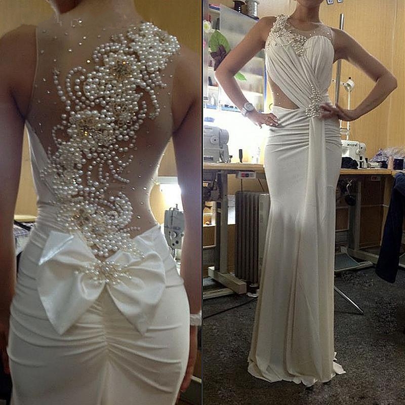 Prom Dresses Sexy Sheer Sleeveless White Chiffon Mermaid Prom Dresses Beaded Pearls Ruffles Evening Gown-newarrivaldress