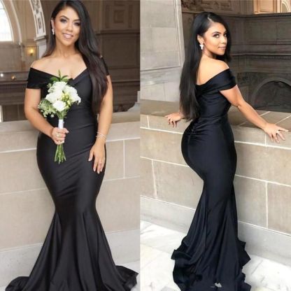Black Off-the-Shoulder Slim Mermaid Party Dress Stretch Satin Prom Dress-newarrivaldress