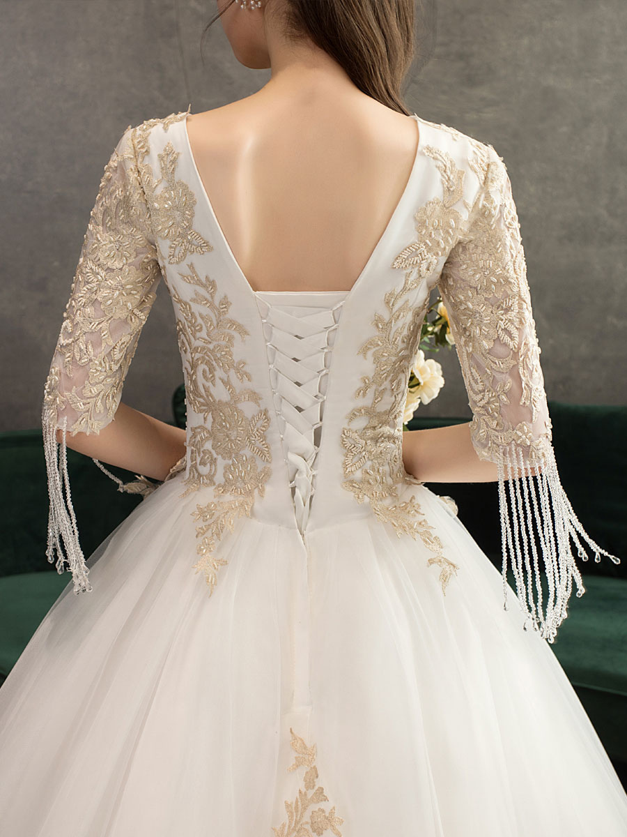 Princess Wedding Dress Ivory Lace Applique V Neck Half Sleeve Bridal Gown With Train-newarrivaldress