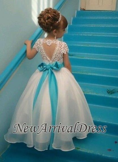 Lace Short-Sleeves Puffy Sash Flower Crystals Girl Dresses-newarrivaldress