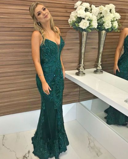 Green Beaded Spaghetti-Straps Appliques Sleeveless Sexy Mermaid Evening Gown-newarrivaldress