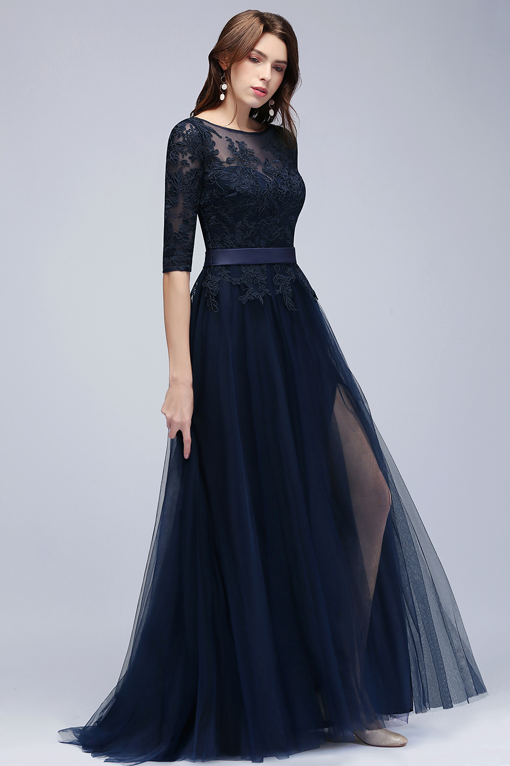 NANA | A-line Half Sleeves Floor Length Slit Appliqued Tulle Prom Dresses with Sash-newarrivaldress