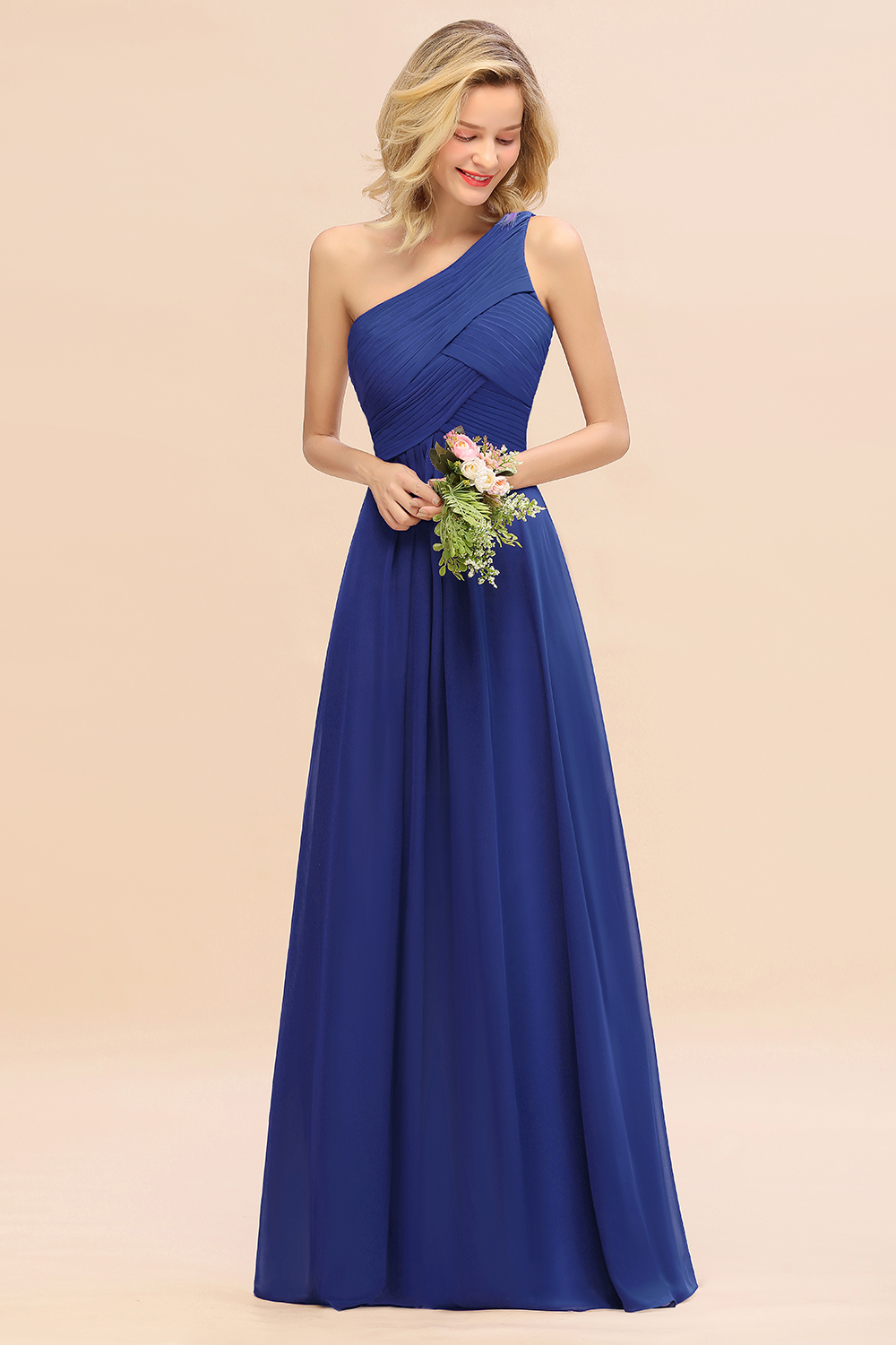 Elegant Ruched Chiffon One Shoulder Bridesmaid Dress Long Sleeveless Evening Dress-newarrivaldress