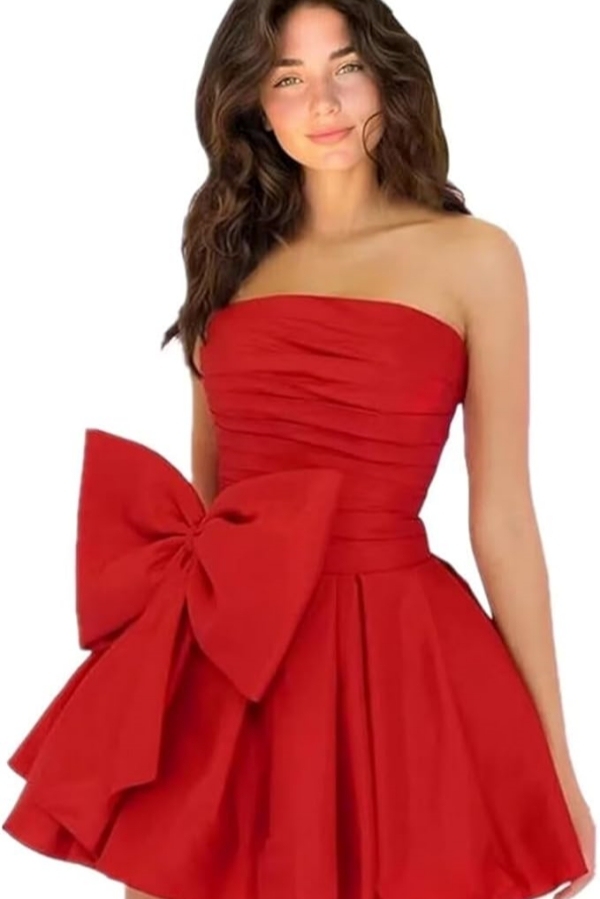 Simple Strapless Ruffle Satin Short Homecoming Dress Sleeveless Mini Party Dress with Bow-newarrivaldress