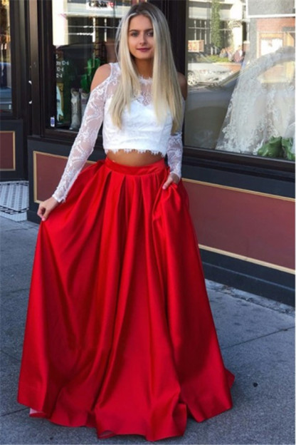 Elegant Lace Long-Sleeves A-Line Two-Pieces Prom Dresses-newarrivaldress