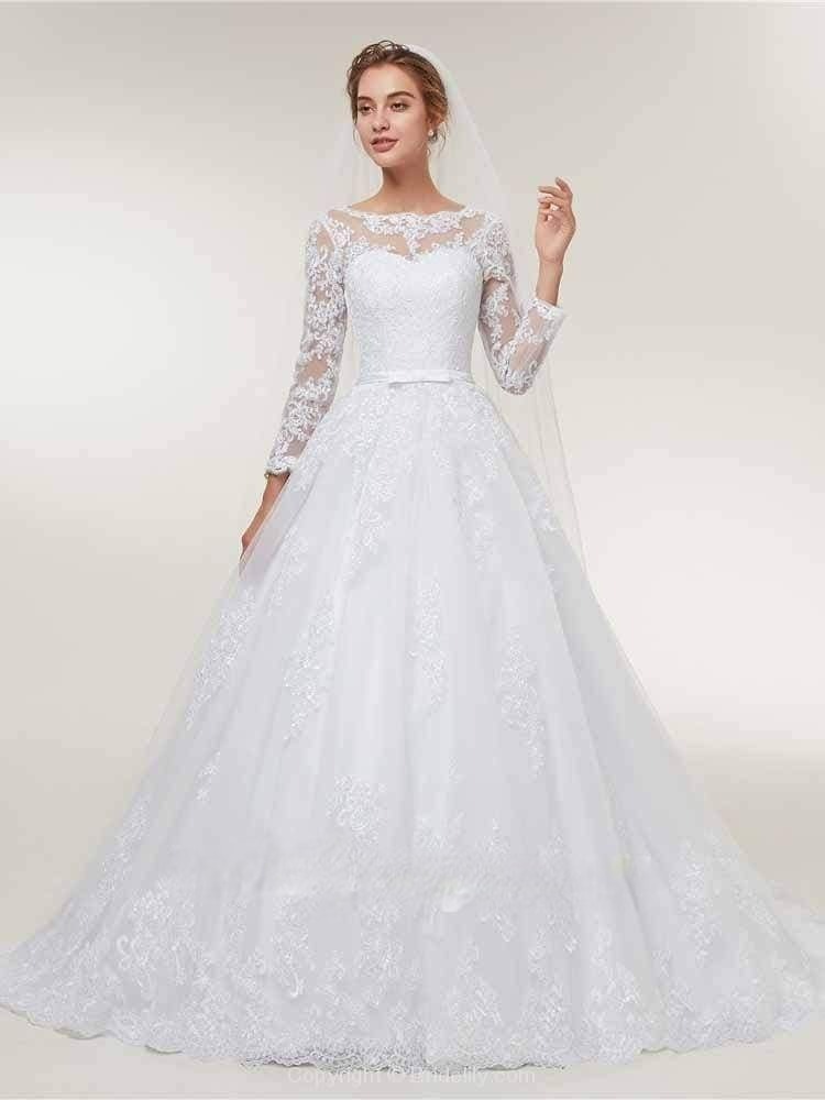 Stunning White Floral Lace Appliques Long Sleeves Aline Wedding Gown-newarrivaldress