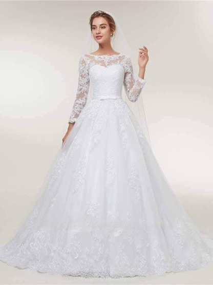 Stunning White Floral Lace Appliques Long Sleeves Aline Wedding Gown-newarrivaldress