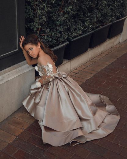 Cute High Low Satin See-through Back Lace Appliques Bow Flower Girl Dress-newarrivaldress