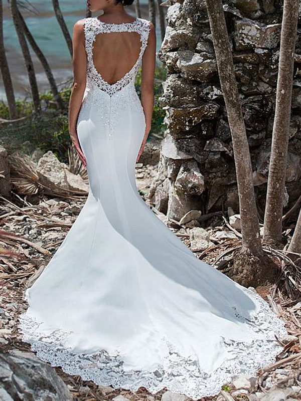 Wedding Dress Mermaid Lace Jewel Neck Sleeveless Back Hollow Out Bridal Gowns With Train-newarrivaldress