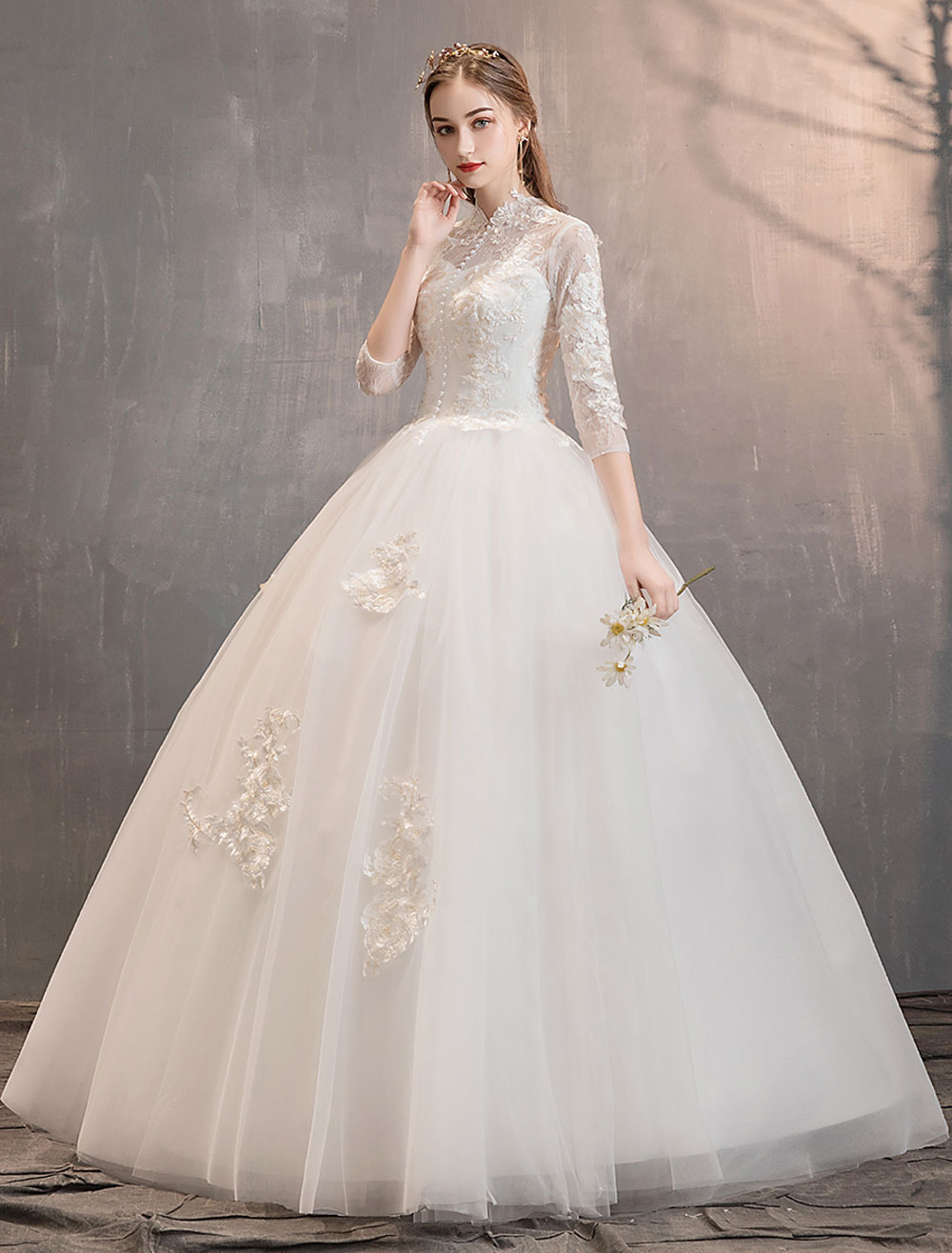 Tulle Wedding Dresses Ivory Illusion Neckline Half Sleeve Floor Length Princess Bridal Dress-newarrivaldress