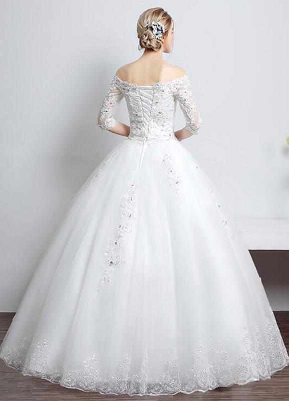 Lace Wedding Dress Off The Shoulder Ivory A Line Lace Up Half Sleeve Sequined Floor Length Bridal Dress-newarrivaldress