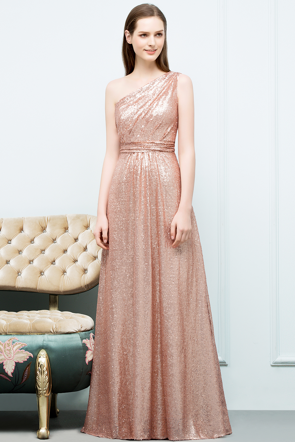 JOURNEE | A-line One-shoulder Sleeveless Floor Length Sequins Prom Dresses-newarrivaldress