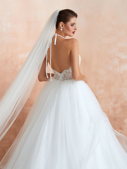 Wedding Dress 2021 Ball Gown Halter Sleeveless Floor Length Lace Tulle Bridal Gowns With Train-newarrivaldress