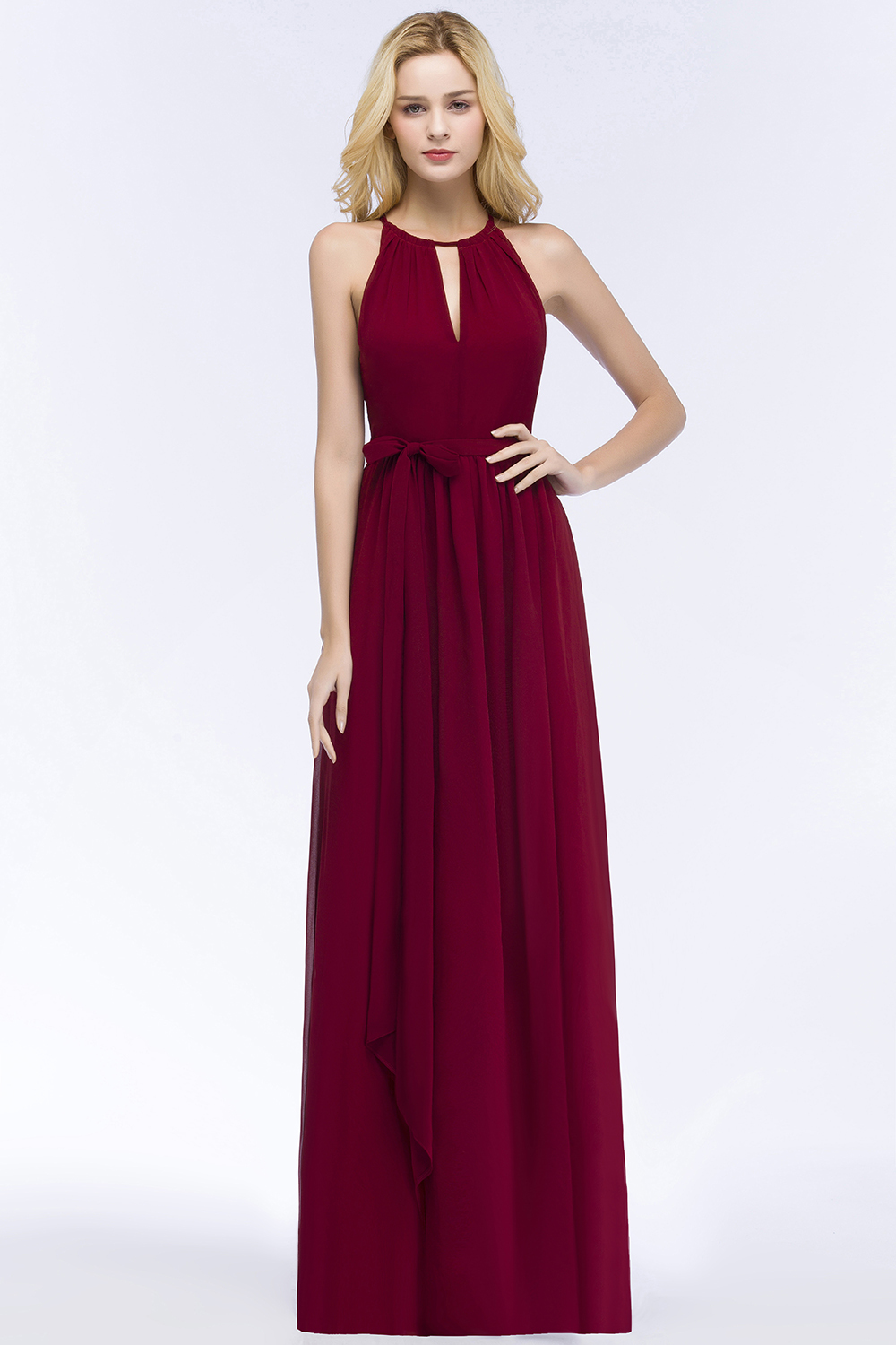 ROSALIND | A-line Halter Floor Length Burgundy Bridesmaid Dresses with Bow Sash-newarrivaldress