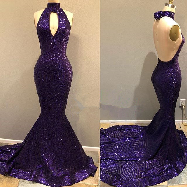 Purple Sequins Sexy Open Back Prom Dresses | Mermaid Keyhole Evening Gowns BA9083-newarrivaldress
