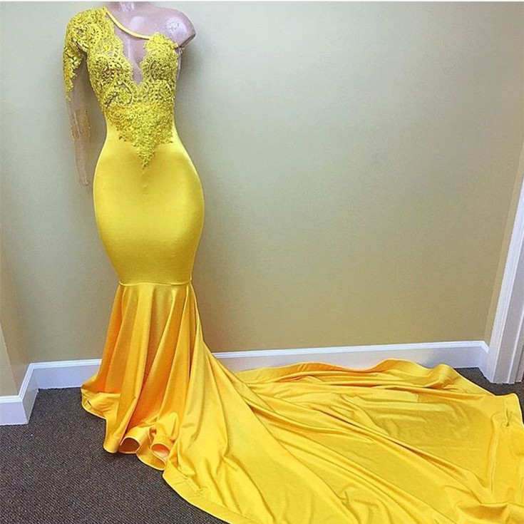 Lace Appliques Yellow Long Prom Dresses for Juniors | One Sleeve Evening Gowns BA7778-newarrivaldress