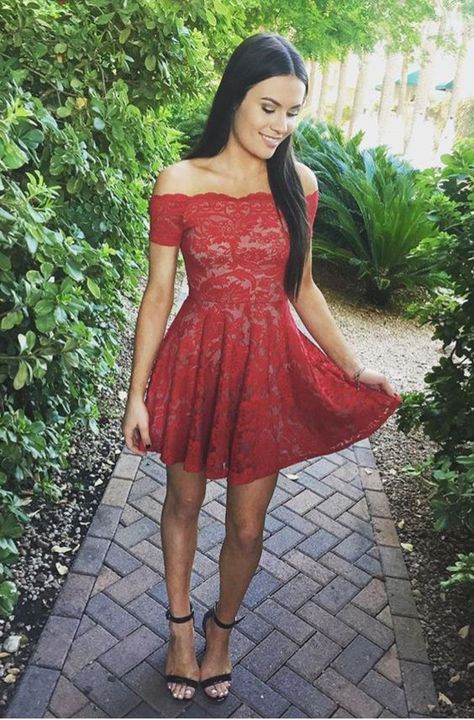 Cute Red Lace Off-the-shoulder Short Homecoming Dress-newarrivaldress