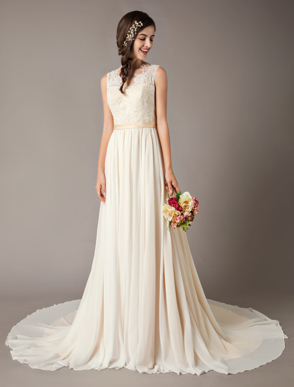 Champagne Wedding Dresses Beach Lace Chiffon V Neck Bridal Dress-newarrivaldress