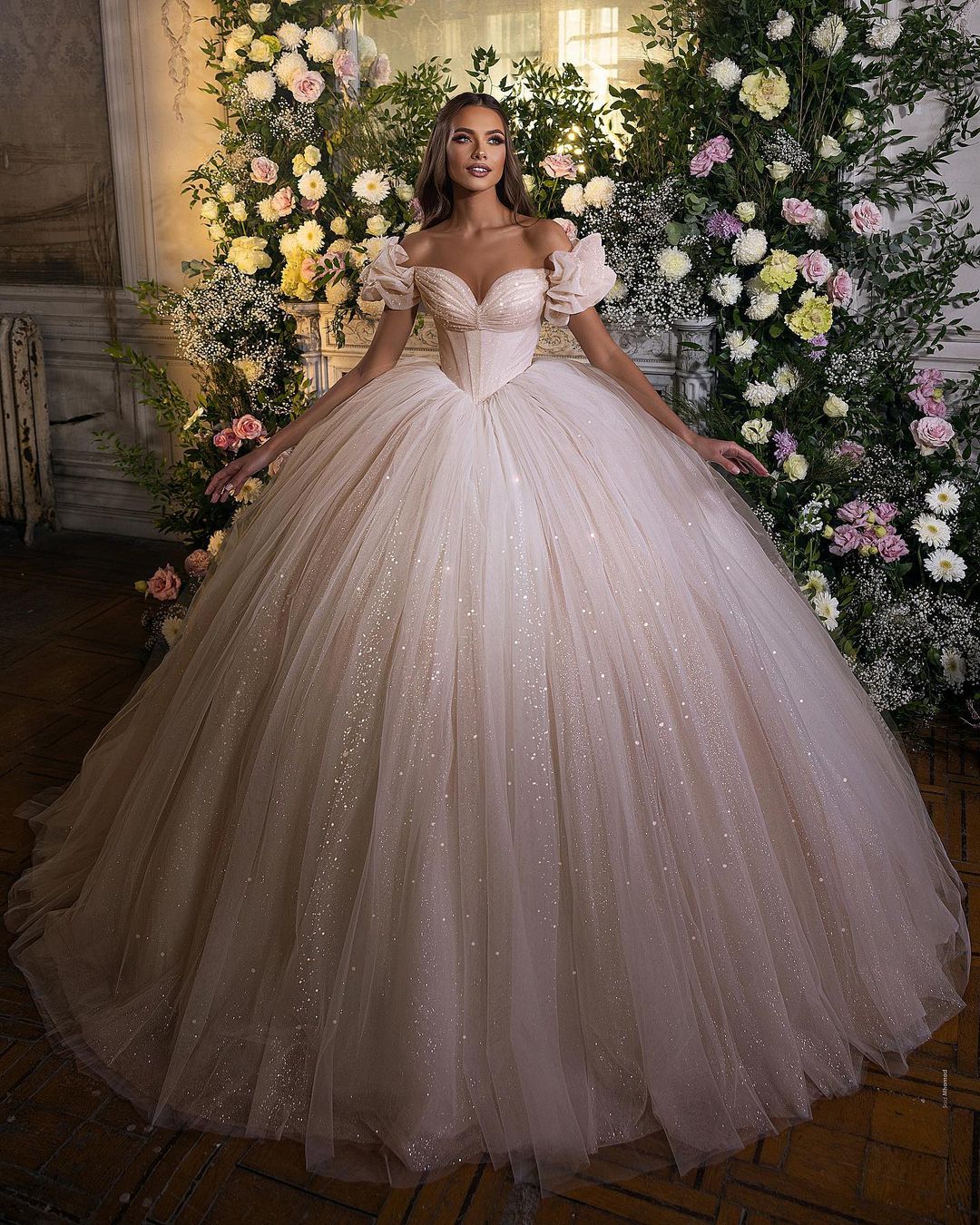 Gorgeous Puffy Sleeves Tulle Ball Gown Princess Sparkly Sequins Bridal Gown-newarrivaldress