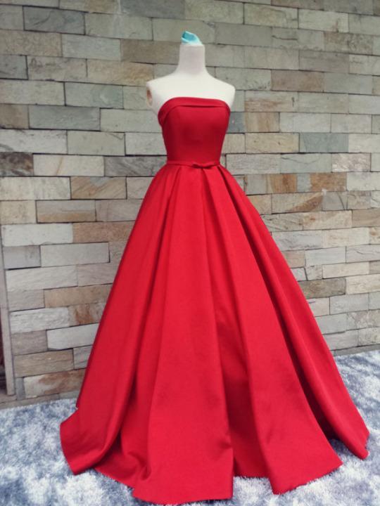 Strapless Red Bows-Sashes Puffy Simple Long Prom Dresses BA8232-newarrivaldress