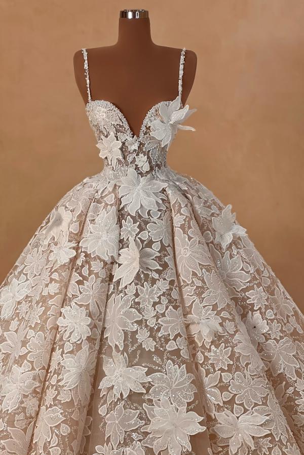 Amazing Sleeveless A-line Wedding Dress with Spaghetti Straps Floral Lace Ball Gown-newarrivaldress