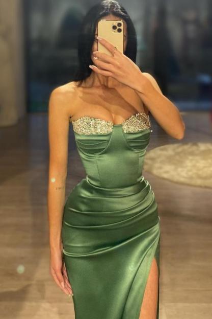 Stunning Strapless Ruched Satin Long Evening Dress with Train Glitter Floor Length Party Dress-newarrivaldress
