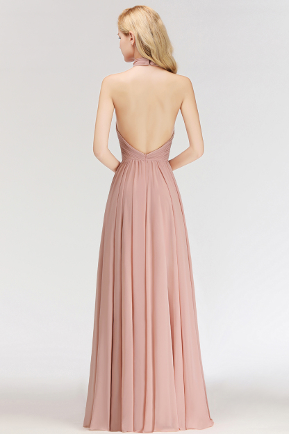 NORAH | A-line Floor Length Halter Ruffled Chiffon Bridesmaid Dresses-newarrivaldress