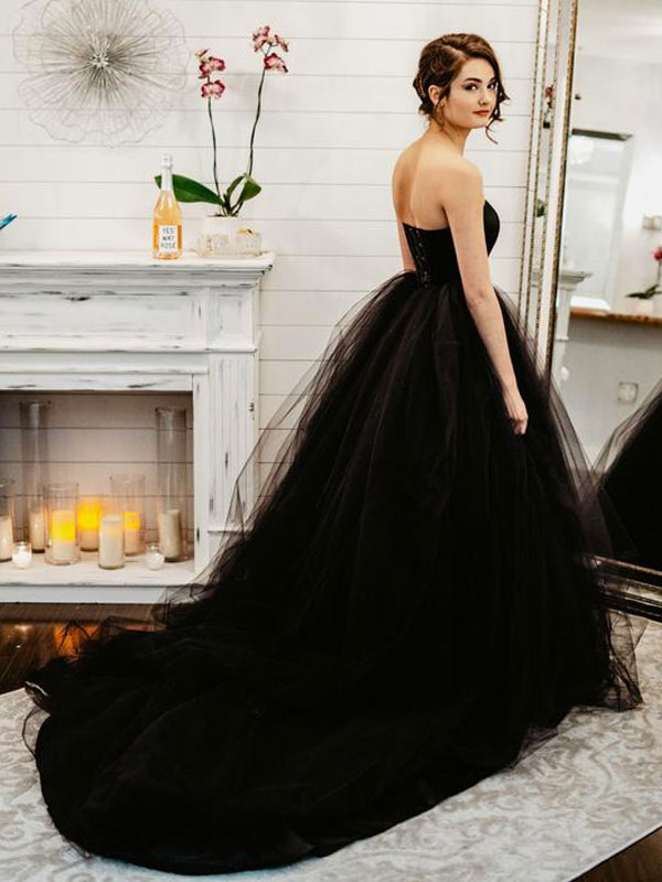 Black Wedding Dresses A-Line Strapless Pleated Taffeta Tulle Chapel Train Bridal Dress-newarrivaldress