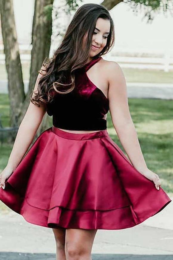 Newest Two Piece Velvet Halter Sleeveless Homecoming Dress | Short Party Gown-newarrivaldress