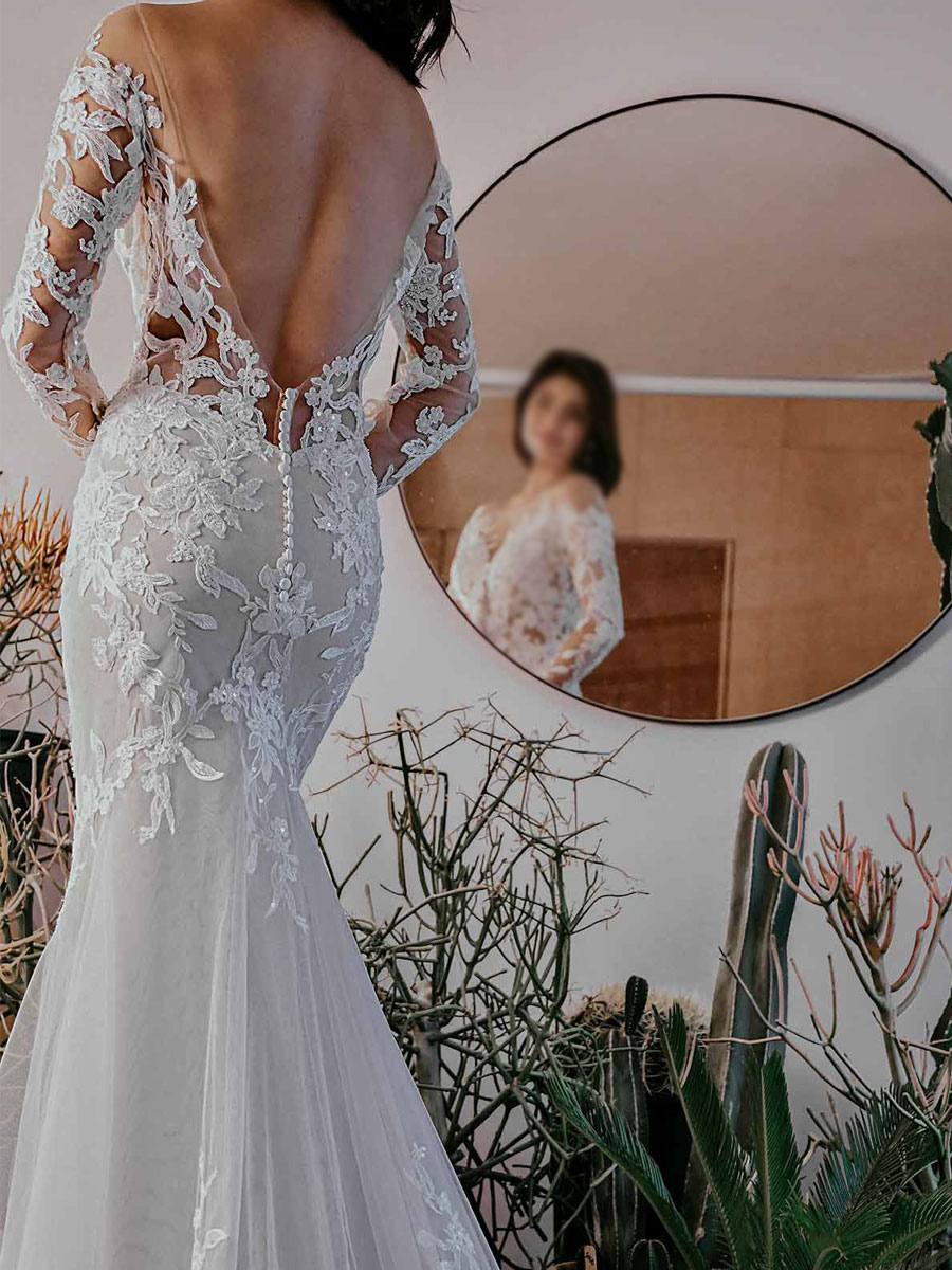 Eric White Wedding Dress Illusion Neckline Long Sleeves Backless Natural Waist Lace With Train Long Bridal Mermaid Dress-newarrivaldress