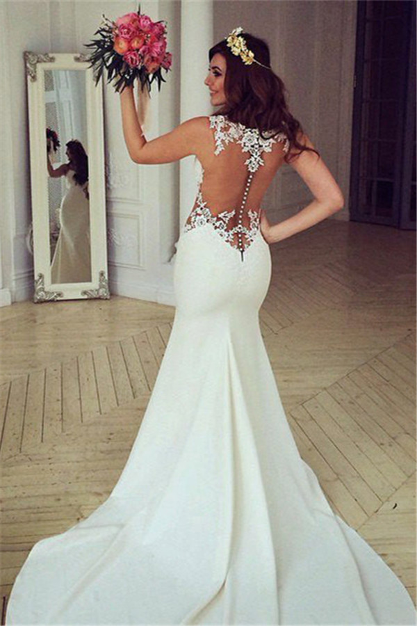 Illusion Sexy Lace Appliques Mermaid Modern Satin Wedding Dresses with Court Train-newarrivaldress