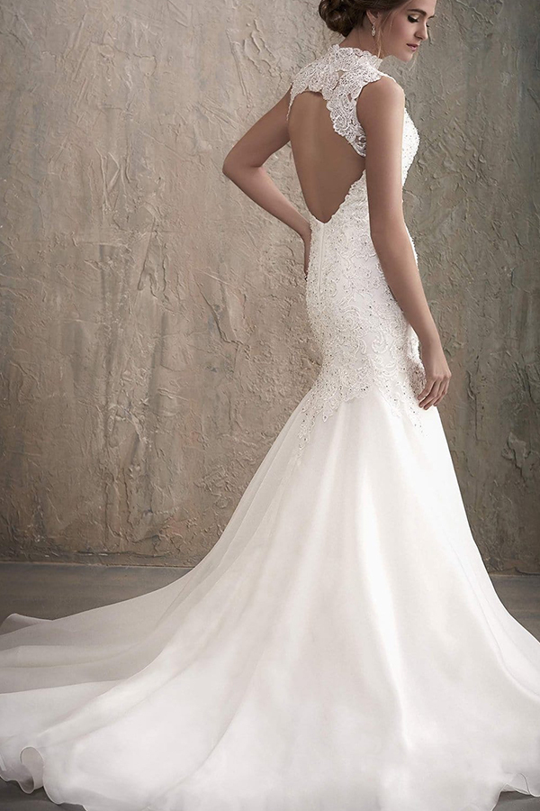 Sleeveless White Floral Lace Tulle Mermaid Wedding Dress Crew Neck Bridal Gown-newarrivaldress