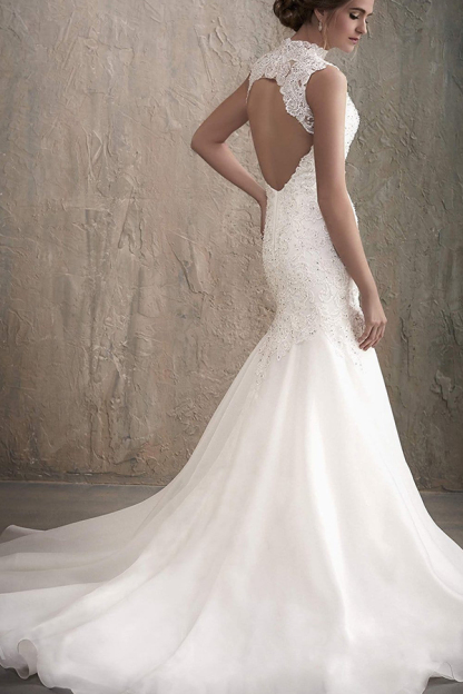 Sleeveless White Floral Lace Tulle Mermaid Wedding Dress Crew Neck Bridal Gown-newarrivaldress