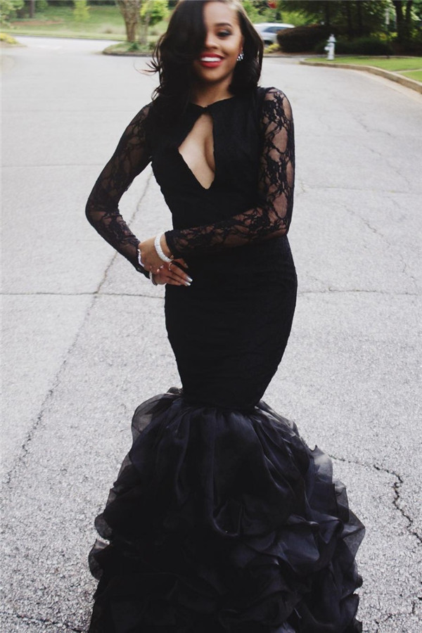 Keyhole-Neck Lace Black Ruffles-Skirt Mermaid Long-Sleeves Sexy Prom Dresses-newarrivaldress