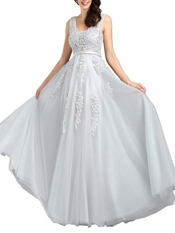 Prom Dress V Neck A Line Sleeveless Floor Length Lace Applique Party Dresses-newarrivaldress