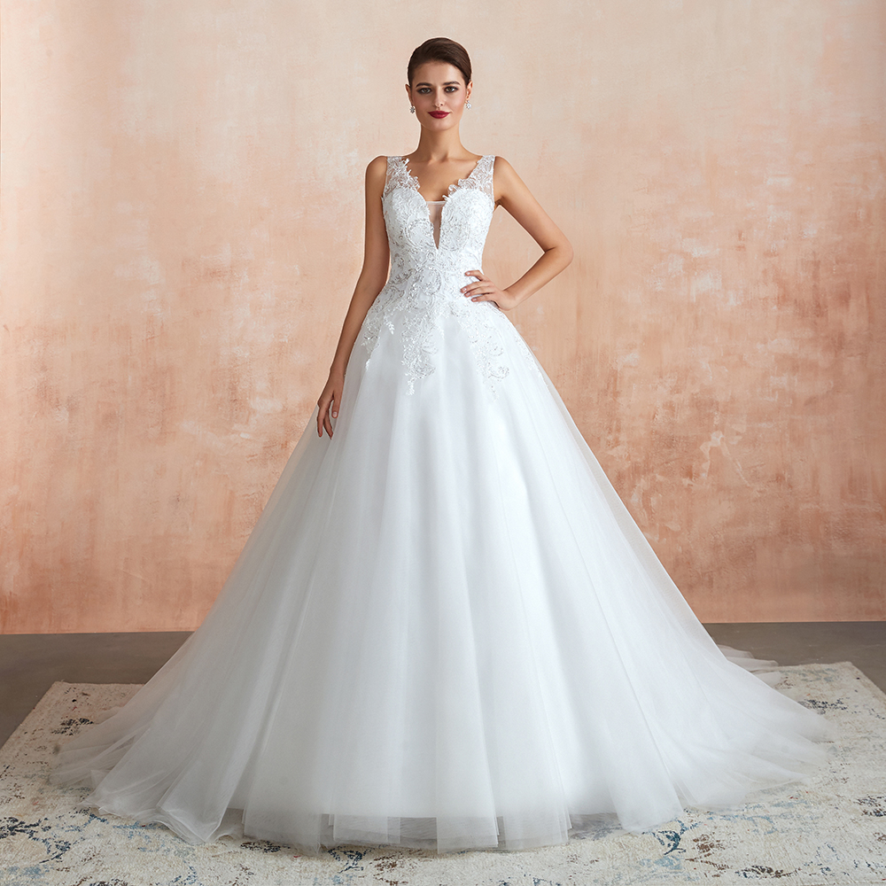 White Floral Lace Wedding Dress V-NeckTulle Aline Bridal Dress-newarrivaldress