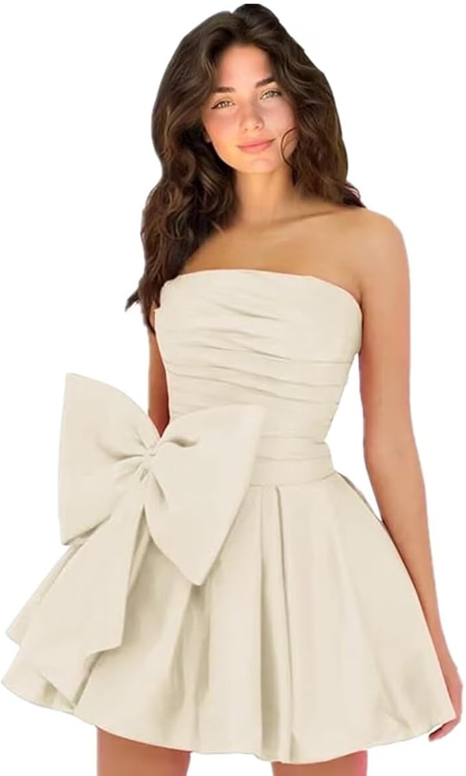 Simple Strapless Ruffle Satin Short Homecoming Dress Sleeveless Mini Party Dress with Bow-newarrivaldress