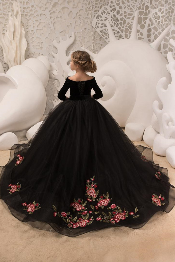 Off-the-Shoulder Velvet Floor Length Flower Girl Dresses|A Line Little Girl Pageant Dresses With Flowers-newarrivaldress
