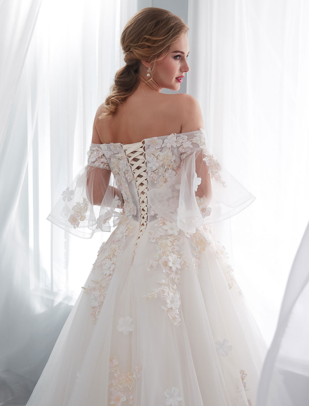 Princess Wedding Dresses Half Sleeve Off Shoulder Lace Flowers Pearls Applique Ivory Bridal Dress With Train-newarrivaldress