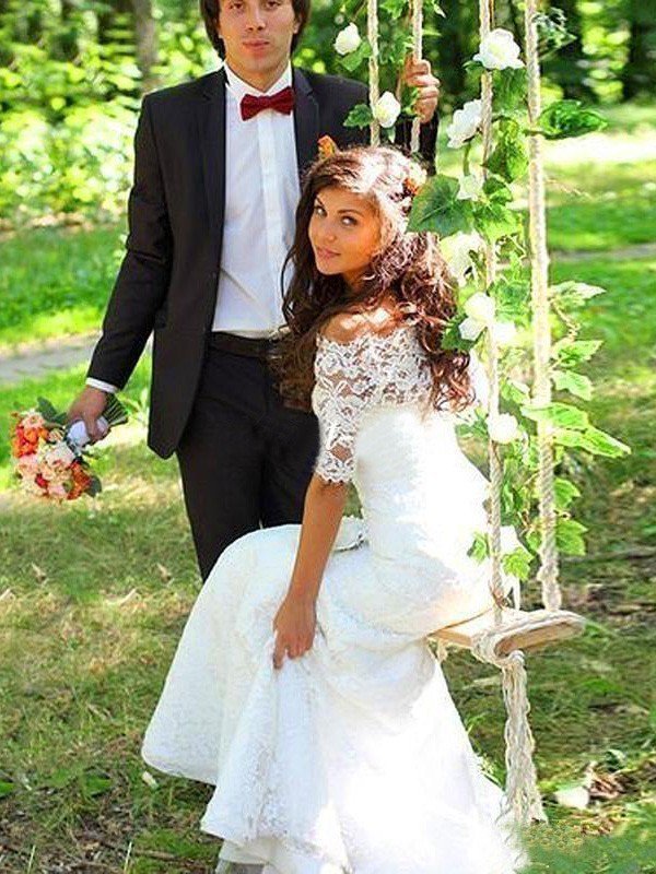 Half Sleeve Lace Off The Shoulder Mermaid Sweep Train Wedding Dresses-newarrivaldress