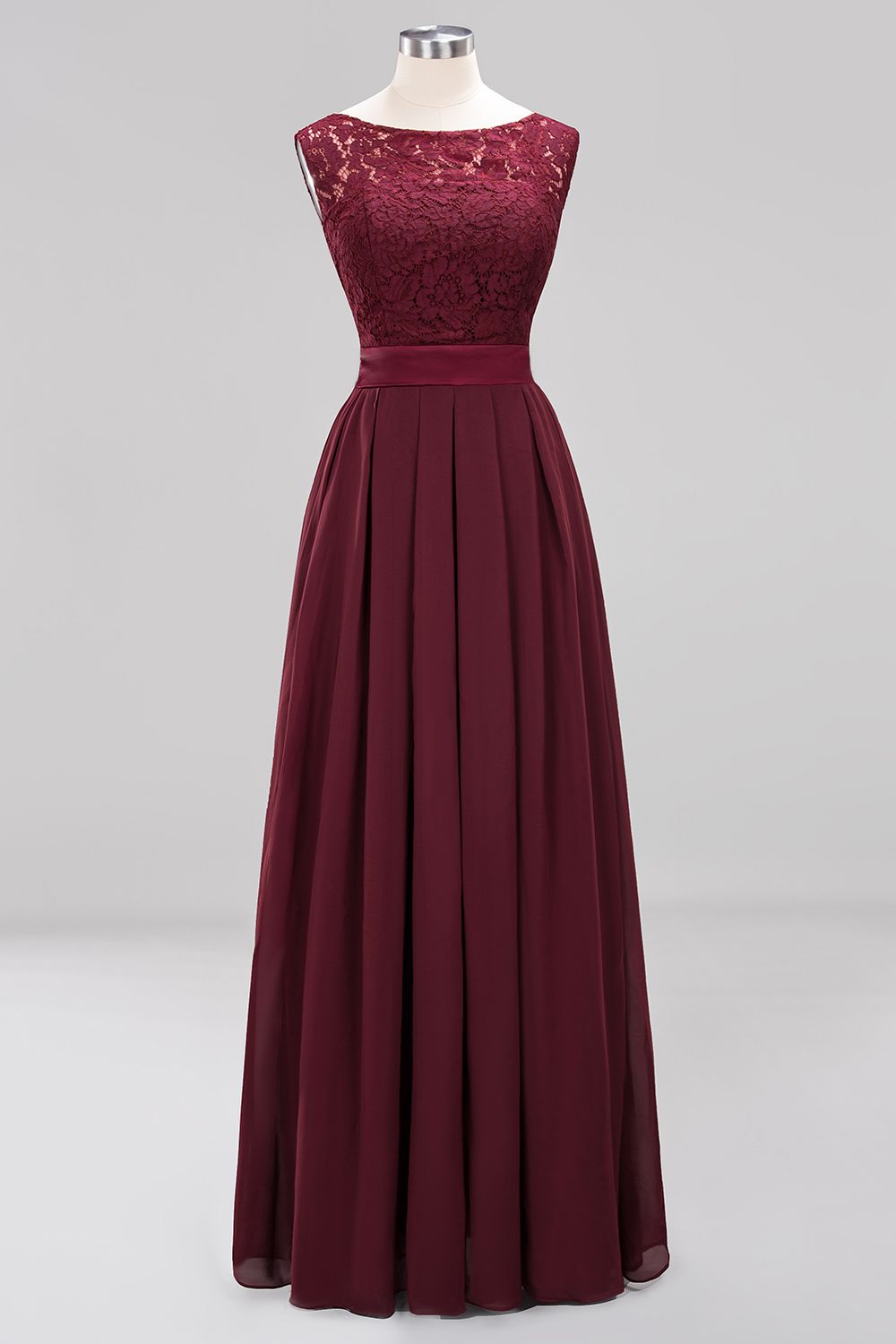 A-line Chiffon Lace Jewel Sleeveless Ruffles Floor-length Bridesmaid Dress-newarrivaldress