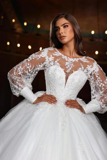 Beautiful Long Sleeves White A-line Wedding Dresses with Lace Appliques-newarrivaldress
