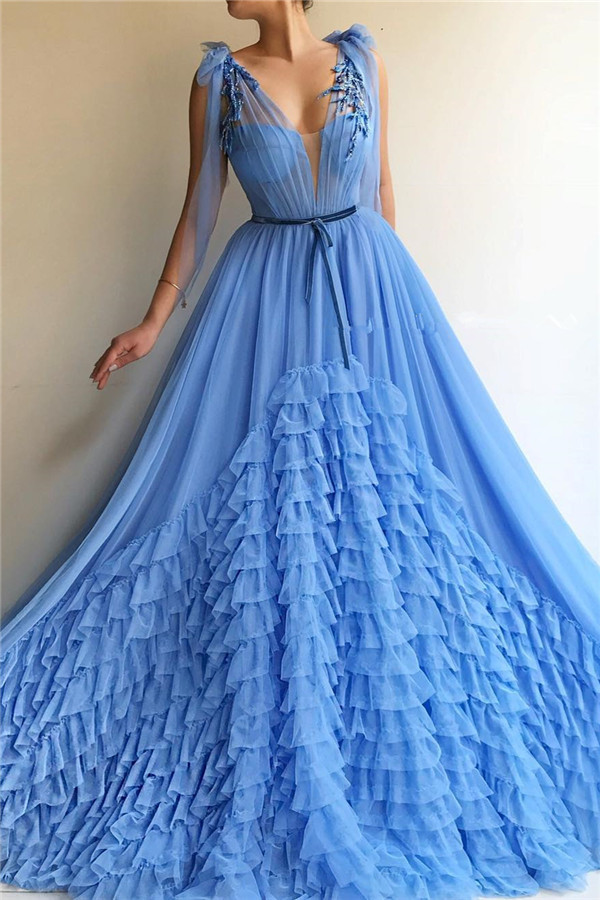 Sexy Tulle Deep V Neck Blue Prom Dress | Chic Sleeveless Layers Long Prom Dress with Sash-newarrivaldress